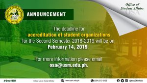 The deadline for accreditation of student organizations for the Second Semester 2018-2019 @ Office of Students Affairs